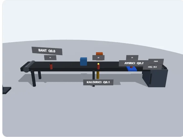 Konveyör Dizisi Simülatörü — 3D konveyör bandı, üç indüktif sensör, yükselen hidrolik kaldırıcı, ayırıcı palet ve ürün sayacı