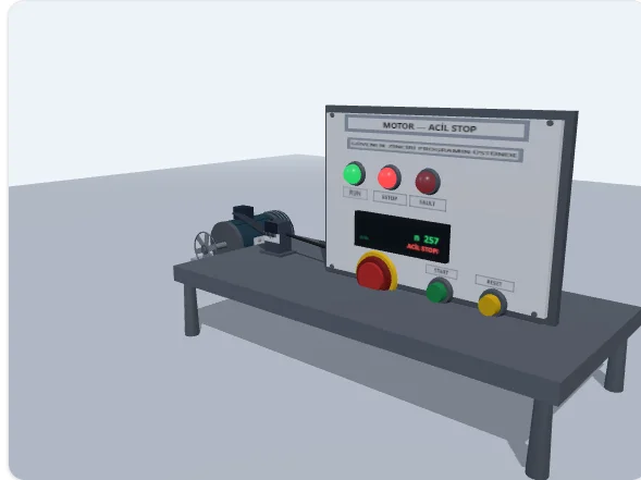 Acil Stop Güvenlik Simülatörü — kırmızı acil stop mantarı, RUN/ESTOP/FAULT lambalı pano ve 3D motor