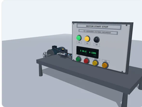 Motor Start-Stop Simülatörü — 3D motor, K1 kontaktörü ve kontrol panosu