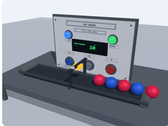 PLC Sayaç Simülatörü — 3D üretim bandı, indüktif sensör, CU/CD/R butonları ve PARTİ TAMAM panosu