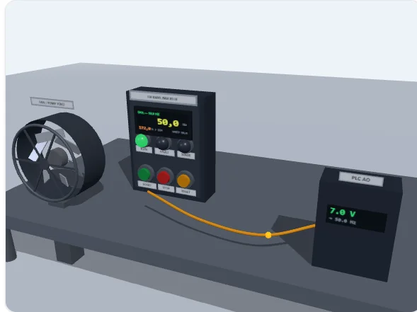 Frekans Inverterı (VFD) Simülatörü — 3D aksiyel fan, 172 A gösteren VFD kabineti, PLC ve DOL girişiminde canlı frekans/akım grafiği
