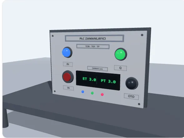 PLC Zamanlayıcı Simülatörü — 3D pano, IN ve Q lambaları yanık